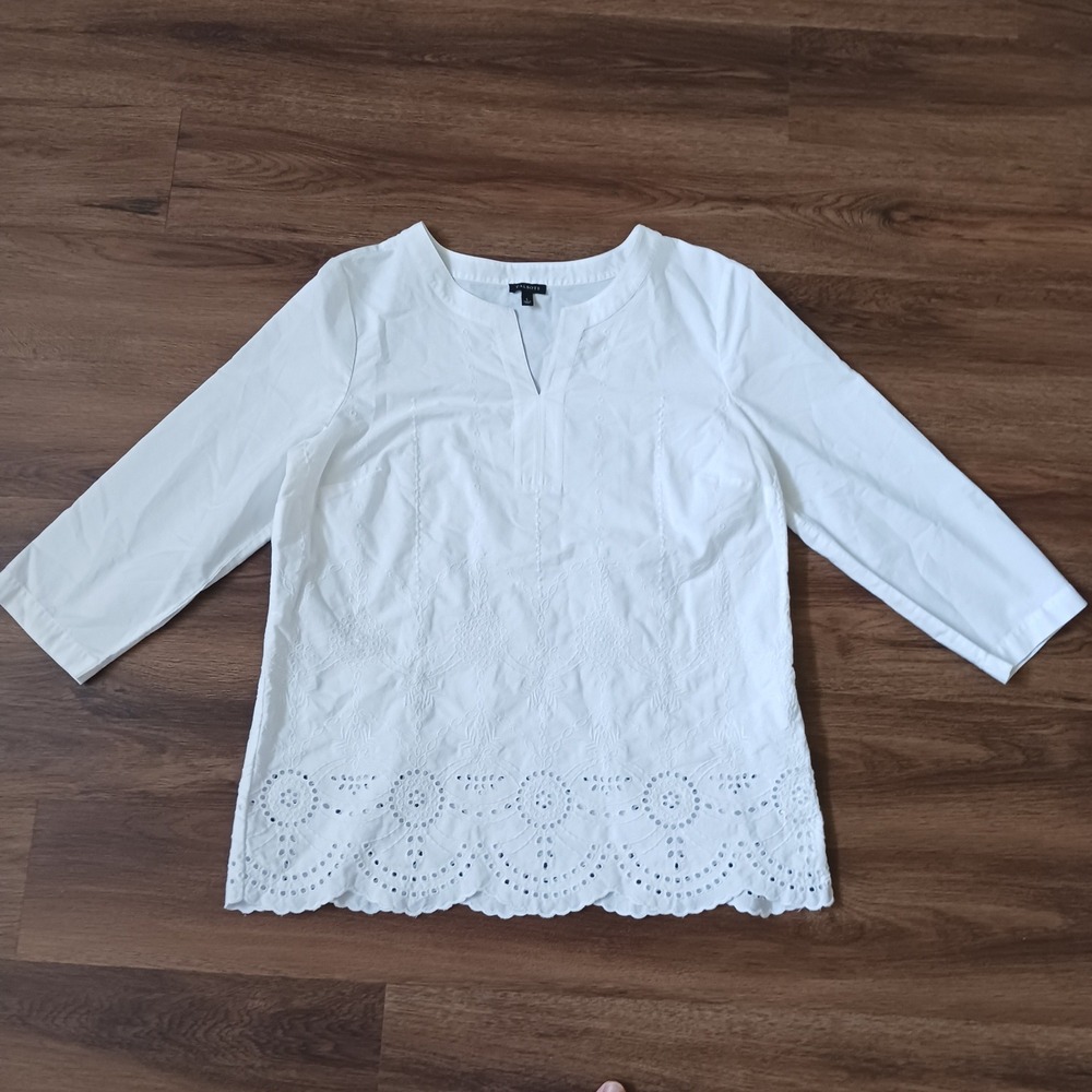 Talbots White Eyelet Cotton Tunic Top 3/4 Sleeve Scalloped Hem Size L
